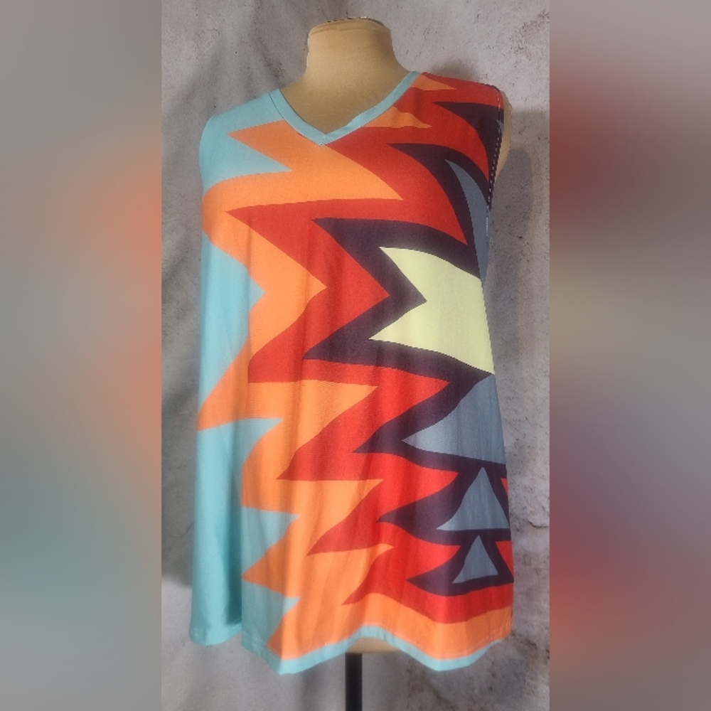 Sleeveless Blue Orange Red V-Neck Athletic Tank Top w Asymetrical Print 3XL
